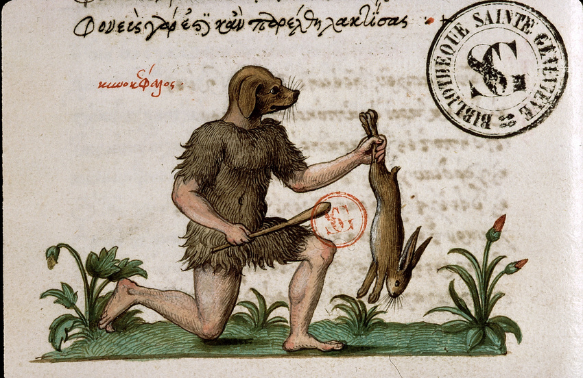 1566 16th_century ambiguous_gender ancient_art angelos_vergekios animal_head anthro canid canine canis club_(weapon) creative_commons cynocephalus domestic_dog duo feral flower for_a_head formal_art fur grass greek greek_text hare hi_res holding_object holding_weapon humanoid kneeling lagomorph leporid license_info male mammal melee_weapon navel nude plant predator/prey renaissance side_view text traditional_media_(artwork) translated weapon whiskers