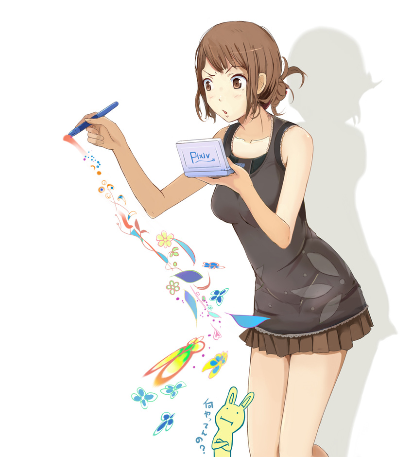 bad_id bad_pixiv_id brown_eyes brown_hair bug butterfly female flower highres moka._tapioka photoshop_(medium) pixiv pixiv-tan skirt solo stylus