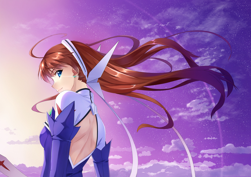 ahoge alternate_hairstyle ame_no_uta arika_yumemiya bare_back blue_eyes bodysuit brown_hair cloud commentary_request female floating_hair hair_down hair_ornament highres long_hair my-otome sideways_glance sky solo star_(sky) starry_sky twilight