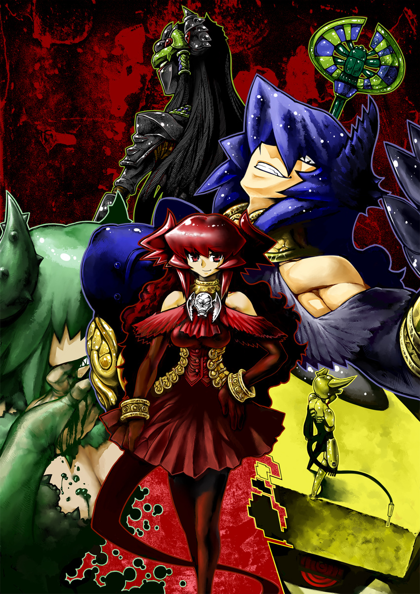 5girls alexander_(artist) bad_id bad_pixiv_id bare_shoulders black_hair breasts cable cleavage corset covered_nipples crossed_legs demon_girl demon_tail elbow_gloves gloves green_hair hair_over_one_eye hand_on_own_hip highres horns jewelry large_breasts long_hair maou_beluzel multiple_girls muscular necklace nise_maou_dokuzeru nise_maou_kanizeru nise_maou_kikaizeru nise_maou_sukaraberu pantyhose photoshop_(medium) purple_hair red_eyes red_gloves red_hair robot skirt skull smile spikes standing tail very_long_hair yuusha_to_maou