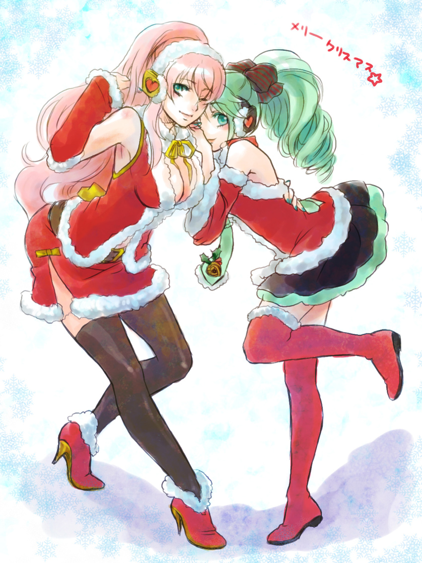 2girls boots bow breasts cheri christmas cleavage commentary_request detached_sleeves gloves green_eyes green_hair hairbow hatsune_miku high_heels highres long_hair medium_breasts megurine_luka multiple_girls one_eye_closed pink_hair red_gloves santa_costume shoes skirt smile thigh_boots thighhighs very_long_hair vocaloid