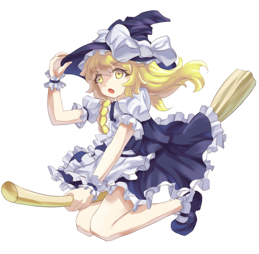 apron black_dress blonde_hair bow braid broom broom_riding commentary dress female full_body hand_on_headwear hat hat_bow highres kirisame_marisa long_hair mary_janes open_mouth puffy_short_sleeves puffy_sleeves shirt shoes short_sleeves simple_background single_braid solo touhou waist_apron white_background witch_hat wrist_cuffs xiao_yinbie yellow_eyes