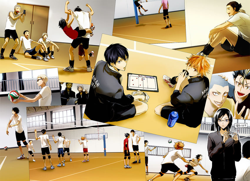 6+boys ^_^ ^o^ aiming aiming_at_viewer arm_support azumane_asahi bald ball black_hair blonde_hair bottle brown_eyes buzz_cut camera clipboard closed_eyes clothes_writing commentary_request door eating ennoshita_chikara facial_hair female glasses grin haikyuu!! hair_bun holding holding_ball indoors jacket joka_(night_gate) jumping knee_pads leg_up long_hair looking_at_viewer mole mole_under_mouth multicolored_hair multiple_boys nishinoya_yuu oerba_yun_fang orange_eyes orange_hair pink_shirt pocari_sweat pose profile purple_eyes red_shirt running sawamura_daichi shimizu_kiyoko shirt shoes short_hair shorts single_hair_bun sitting sleeves_rolled_up smile sneakers standing sugawara_koushi taking_picture tanaka_ryuunosuke tsukishima_kei two-tone_hair v very_short_hair volleyball volleyball_net water_bottle white_shirt yamaguchi_tadashi