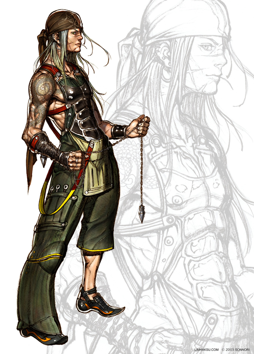 1boy arm_tattoo armor asymmetrical_clothes asymmetrical_pants bandana black_footwear bracer brown_headwear chain_weapon chains closed_mouth commentary dragon_tattoo earrings english_commentary full_body green_eyes green_hair green_pants highres holding holding_chain jewelry limha_lekan long_hair looking_at_viewer looking_to_the_side male_focus meltz multiple_earrings official_art pants scar scar_on_cheek scar_on_face scar_on_nose solo soulless stud_earrings tattoo toned toned_male zoom_layer