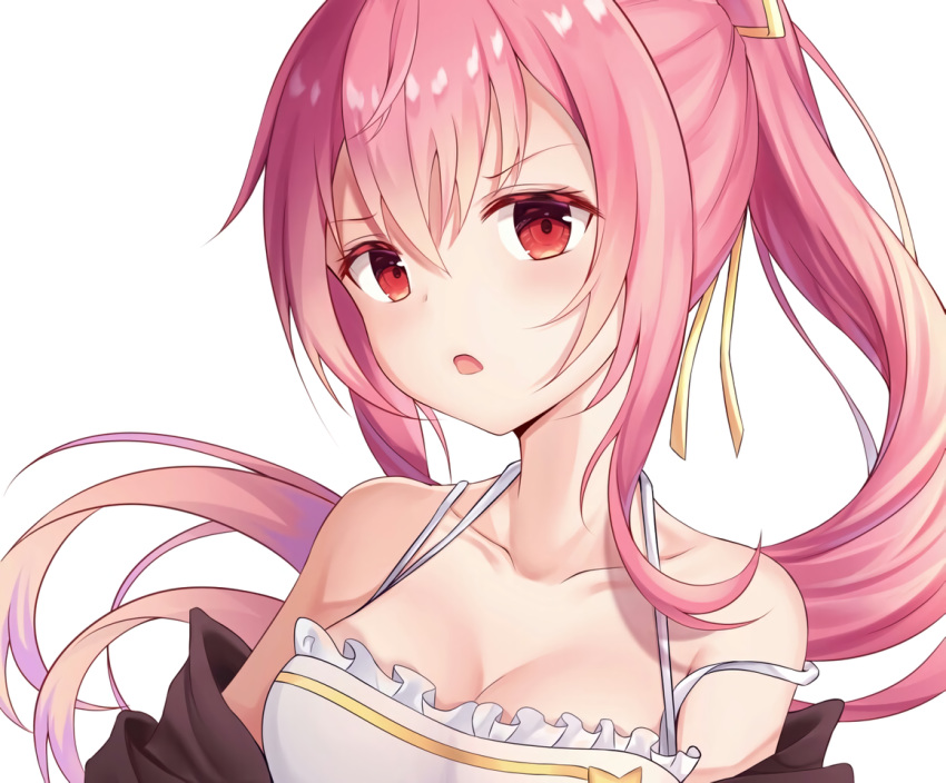 angel_no_shousou breasts cleavage close cropped long_hair original pink_hair ponytail red_eyes ribbons waifu2x white