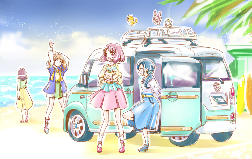 4girls :3 ^_^ animal aqua_scrunchie aqua_shirt beach belt blouse blue_footwear blue_hair blue_jacket blue_skirt blue_sky blunt_ends boots brown_hair canine car closed_eyes closed_mouth cloud cloudy_sky daihatsu daihatsu_move_canbus day facing_viewer from_behind from_side full_body green_skirt hair_ornament hair_scrunchie hanadera_nodoka hanadera_yasuko hand_up healin'_good_precure healing_animal high-waist_skirt hiramitsu_hinata holding holding_animal holding_dog hood hooded_jacket iedesan jacket latte_(precure) lens_flare letterman_jacket light_particles loafers long_hair long_skirt long_sleeves looking_to_the_side miniskirt mother_and_daughter motor_vehicle multiple_girls nyatoran_(precure) ocean outdoors palm_tree pegitan_(precure) pink_footwear pink_hair pink_skirt precure purple_shirt rabbit rabirin_(precure) sand sawaizumi_chiyu scrunchie shirt shoes short_hair side_ponytail sideways_mouth skirt sky smile sneakers socks stretching surfboard tiger tree twintails two-tone_shirt vehicle_focus walking water waves white_legwear white_shirt white_sleeves yellow_belt yellow_shirt yellow_skirt