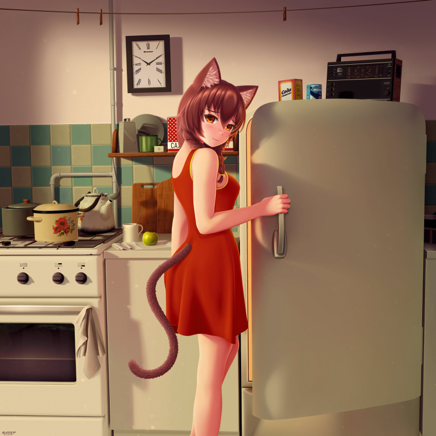 2ch.ru absurdres animal_ear_fluff animal_ears apple bare_arms bare_shoulders blush braid brown_eyes brown_hair cat_ears cat_girl cat_tail clock clothes_pin commentary cup cutting_board dress english_commentary everlasting_summer female food fruit grater hair_between_eyes highres indoors kitchen ladle long_hair mug pot red_dress refrigerator side_braid sleeveless sleeveless_dress smile solo stove tail tail_through_clothes uvao-tan wall_clock wlper