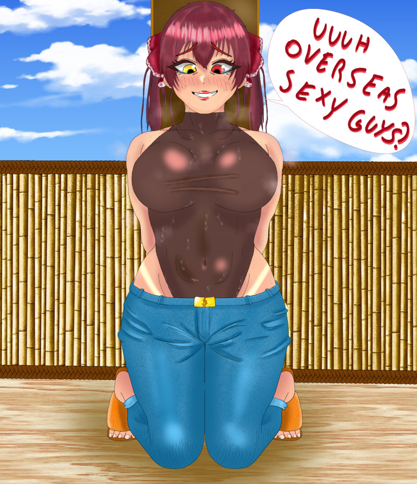 alternate_costume breasts crying crying_with_eyes_open denim eddarxart english_text female heterochromia highres hololive houshou_marine jeans kneeling large_breasts leotard looking_at_viewer nervous_sweating one-hour_drawing_challenge pants red_eyes red_hair self-upload straight-on sweat tears tied_to_stake twintails virtual_youtuber yellow_eyes