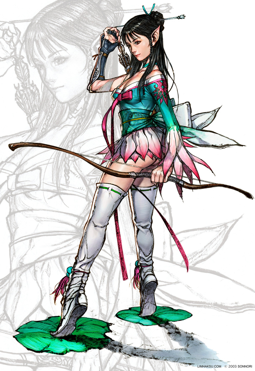 arrow_(projectile) ass black_gloves black_hair blue_shirt boots bow_(weapon) breasts brown_hair cleavage closed_mouth commentary english_commentary female fingerless_gloves full_body gloves hair_bun hair_ornament hair_stick highres holding holding_bow_(weapon) holding_weapon lily_pad limha_lekan long_hair looking_at_viewer looking_back medium_breasts miniskirt off-shoulder_shirt off_shoulder official_art pink_skirt pointy_ears quiver ren_(soulless) shirt single_hair_bun skirt solo soulless thigh_boots weapon white_background white_footwear zoom_layer