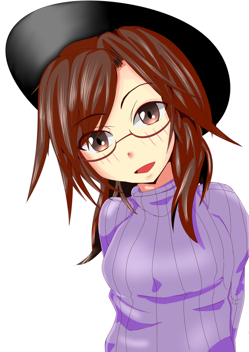 absurdres alternate_costume ardens arms_behind_back blush brown_eyes brown_hair commentary_request female glasses hat head_tilt highres looking_at_viewer open_mouth ribbed_sweater semi-rimless_eyewear short_hair simple_background solo sweater touhou turtleneck under-rim_eyewear upper_body usami_sumireko white_background