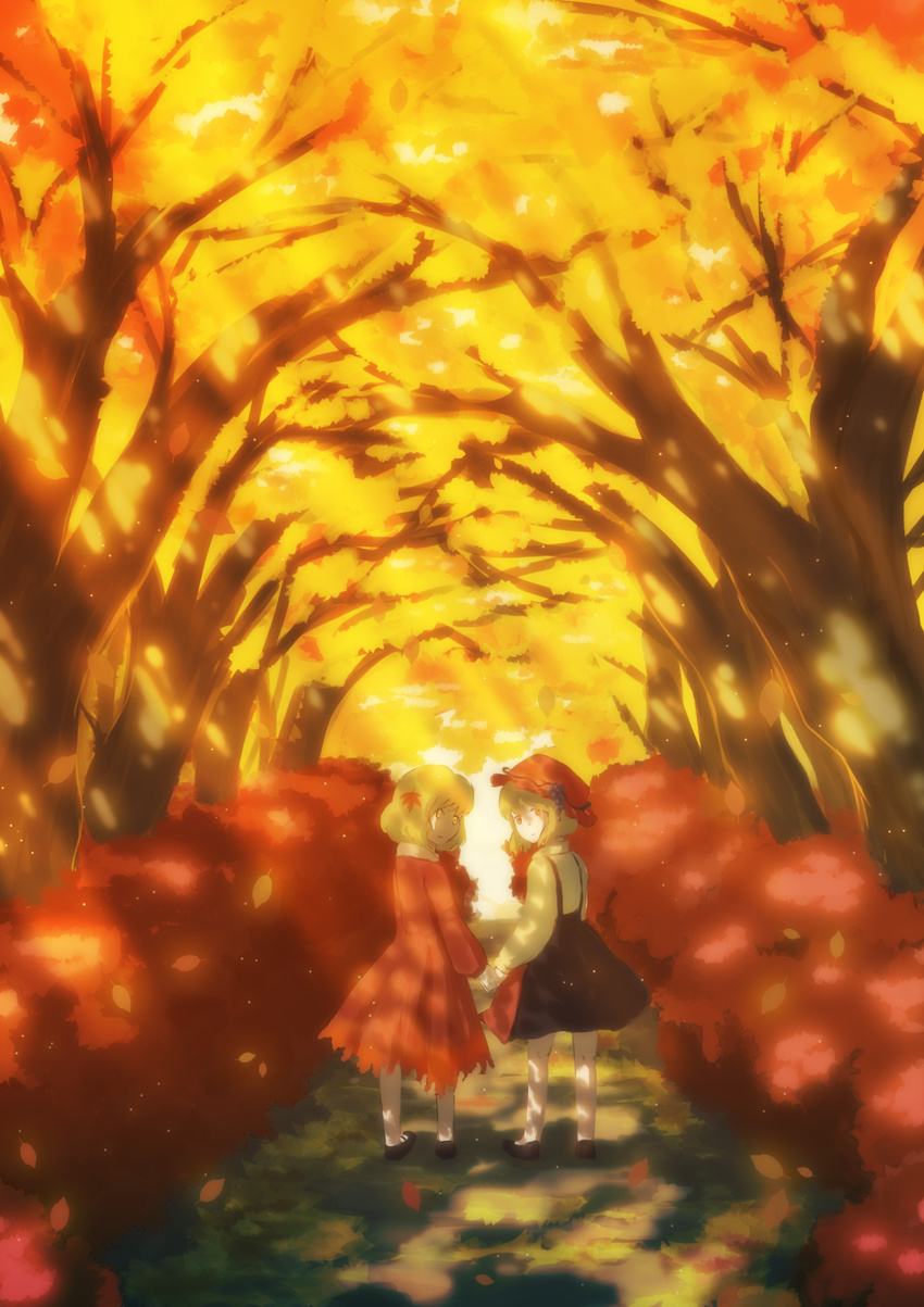 2girls aki_minoriko aki_shizuha autumn bad_id bad_pixiv_id blonde_hair blush dress food forest fruit grapes hat highres konatsu leaf multiple_girls nature short_hair touhou