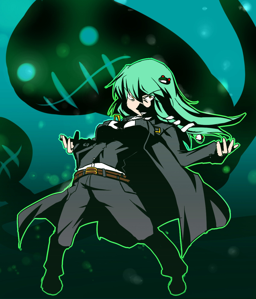 belt blazblue commentary_request cosplay female frog green_hair hair_ornament hazama hazama_(cosplay) highres kazeshima_tokadame kochiya_sanae long_hair snake solo touhou