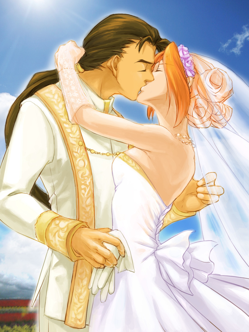 1boy bare_shoulders brown_hair commentary_request day dress elhaym_van_houten fei_fong_wong female formal gloves hair_up highres kissing long_hair photoshop_(medium) ryukia single_hair_intake sky straight strapless strapless_dress unworn_gloves veil wedding_dress white_gloves xenogears