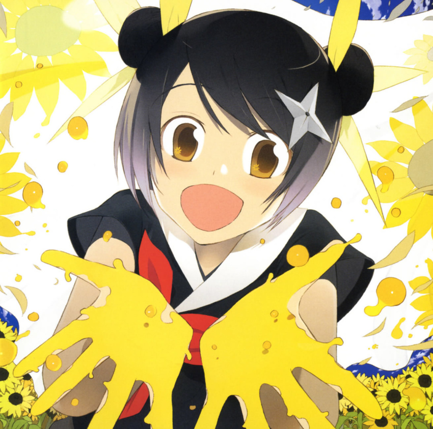 black_hair brown_eyes double_bun female flower hair_bun hair_ornament hair_ribbon hands highres himawari! hinata_himawari japanese_clothes name_connection ninja object_namesake okama ribbon scan short_hair shuriken smile solo sunflower weapon