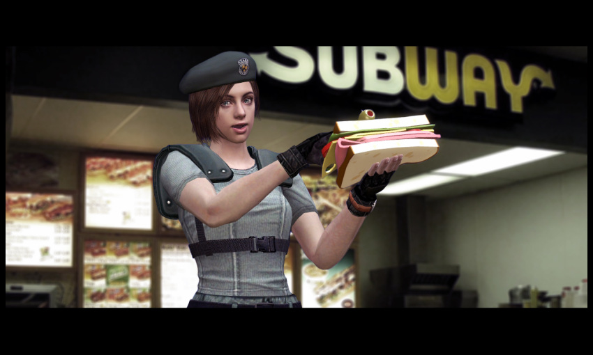 3d beret brown_hair garry's_mod hat jill_valentine parody resident_evil sandvich sandwich short_hair subway_(franchise) team_fortress_2