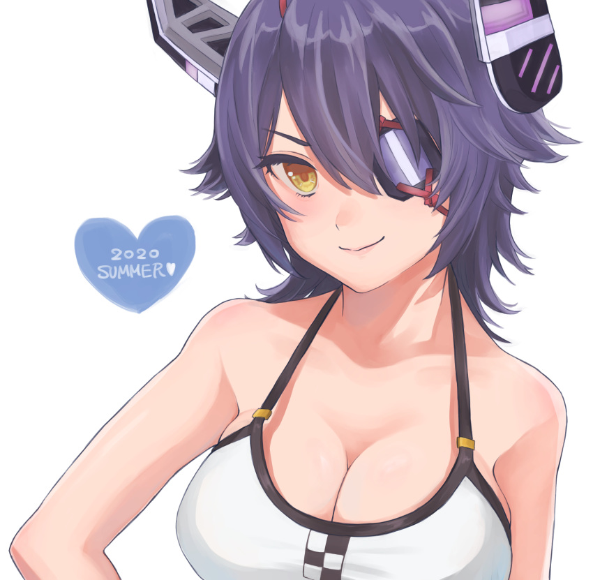 2020 absurdres bikini blush breasts cleavage eyepatch female hair_between_eyes headgear heart highres kantai_collection large_breasts nimono122 official_alternate_costume purple_hair short_hair simple_background smile solo swimsuit tenryuu_(kancolle) tenryuu_(swimsuit_mode)_(kancolle) upper_body white_background white_bikini yellow_eyes