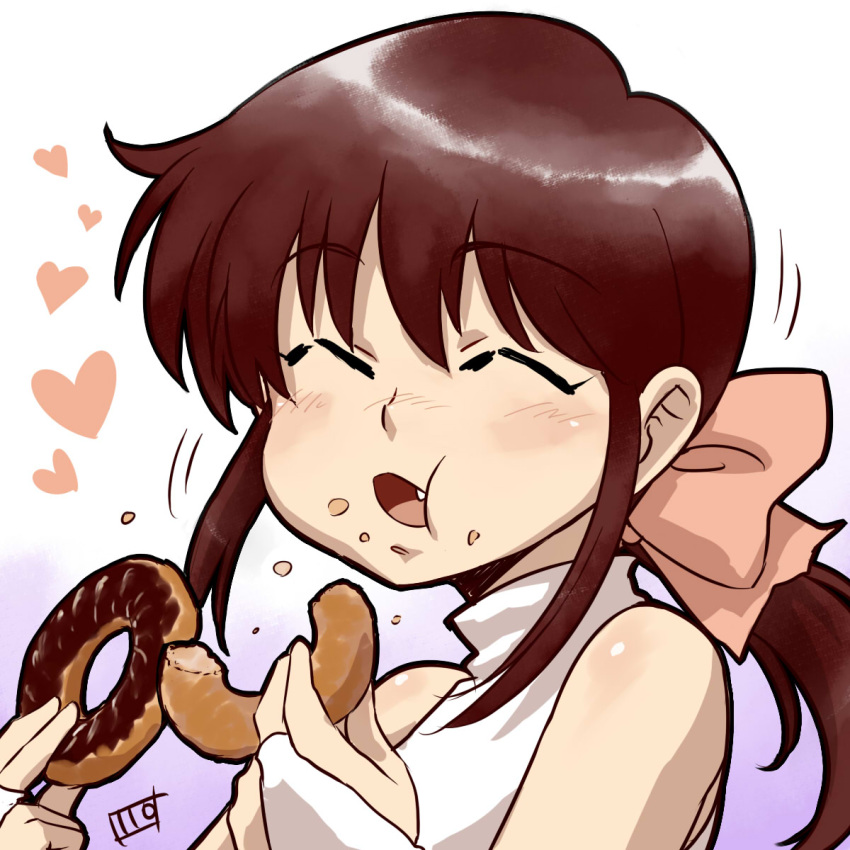 :t ^_^ blush bow brown_hair closed_eyes copyright_request doughnut eating facing_viewer female food hairbow hands_up heart highres holding holding_food itou_yuuji oerba_yun_fang open_mouth pink_bow ponytail signature smile upper_body