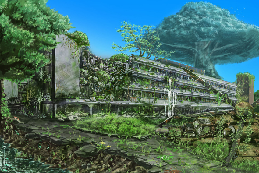 aircraft bird blue_sky broken building commentary_request day giant_tree helicopter highres mi-28 nature no_humans original outdoors overgrown path plant ruins scenery sky suzuke tree vines water waterfall wreckage