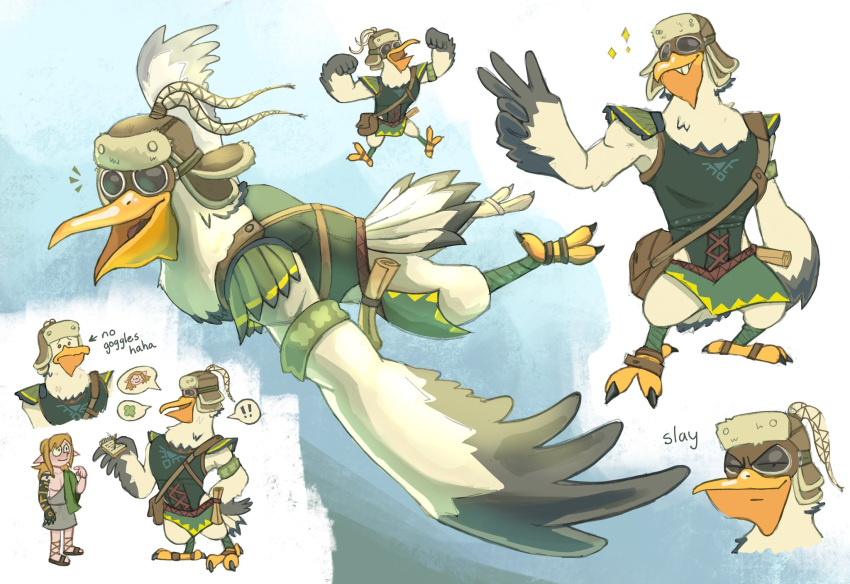 absterarts anthro avian bird blonde_hair clothing duo eyewear feathers feet flying goggles hair hat headgear headwear hi_res humanoid hylian link male multiple_images nintendo pelecaniform pelican penn_(tloz) rauru's_arm rito talons tears_of_the_kingdom the_legend_of_zelda toes white_body white_feathers wings