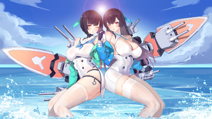 2girls ;) ;o absurdres atago_(blue_oath) black_gloves black_hair blue_jacket blue_neckwear blue_oath breasts cha_hou cleavage covered_navel day dress gloves green_jacket highres jacket large_breasts long_hair long_sleeves multiple_girls neckerchief necktie ocean off_shoulder one_eye_closed outdoors photoshop_(medium) red_eyes sailor_collar short_hair side_slit skindentation sky smile sun takao_(blue_oath) thighhighs underbust very_long_hair white_dress white_gloves white_legwear white_sailor_collar