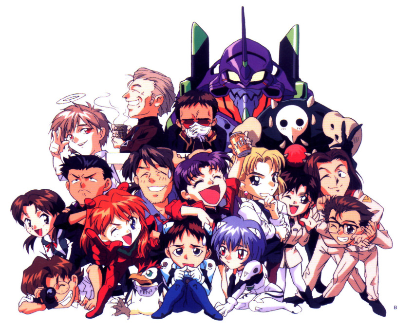 1990s_(style) 6+boys 6+girls aida_kensuke akagi_ritsuko alcohol aoba_shigeru artist_request beer chibi eva_01 everyone fuyutsuki_kouzou horaki_hikari hyuuga_makoto ibuki_maya ikari_gendou ikari_shinji kaji_ryouji katsuragi_misato multiple_boys multiple_girls nagisa_kaworu neon_genesis_evangelion one_eye_closed pantyhose penpen retro_artstyle sachiel_(evangelion) souryuu_asuka_langley suzuhara_touji