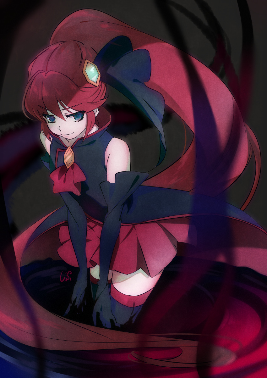 absurdly_long_hair absurdres ascot black_gloves black_thighhighs blue_eyes closed_mouth cowboy_shot elbow_gloves female gloves hair_between_eyes hair_ornament happinesscharge_precure! highres long_hair miniskirt pleated_skirt ponytail precure red_ascot red_hair red_skirt shipu_(gassyumaron) skirt smile solo thighhighs unlovely_(happinesscharge_precure!) very_long_hair zettai_ryouiki