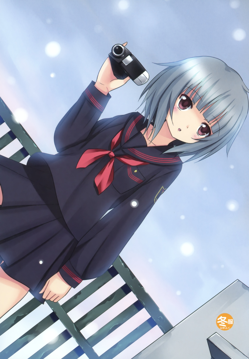 absurdres black_serafuku black_skirt camcorder copyright_request female highres koi_(koisan) long_sleeves open_mouth red_ribbon ribbon rooftop sailor_collar school_uniform serafuku silver_hair skirt snowing solo video_camera zusetsu_series_(gentosha)