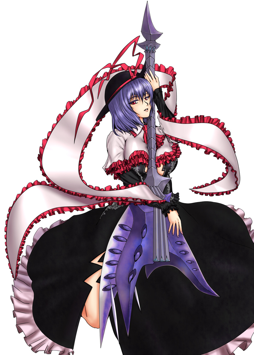 blue_hair capcom capelet colored_eyelashes crossover devil_may_cry dress eyelashes female frills guitar hat hat_ribbon highres instrument nagae_iku nelo nelo_anjuurou nevan_(weapon) red_eyes ribbon scarf short_hair side_slit solo touhou