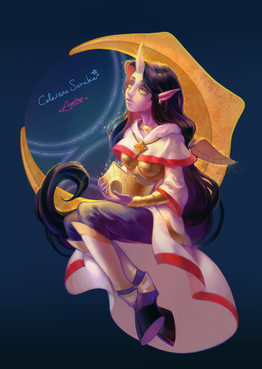 2015 absurdres alternate_costume alternate_hair_color alternate_hairstyle apple60931 black_hair celestine_soraka character_name colored_skin commentary_request crescent crown earrings female highres hooves horns jewelry league_of_legends long_hair monster_girl purple_skin single_horn sitting solo soraka_(league_of_legends) unworn_crown yellow_eyes