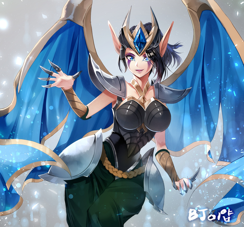 alternate_costume alternate_hairstyle armor armored_dress artist_request black_hair blue_eyes boobplate breastplate breasts female happy large_breasts league_of_legends morgana_(league_of_legends) pointy_ears ponytail solo victorious_morgana wings