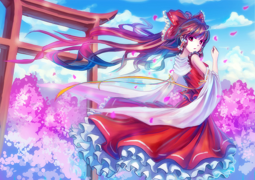 bow hakurei_reimu japanese_clothes long_hair miko petals qin red_eyes torii touhou