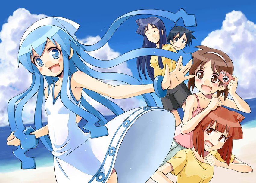 1boy 4girls aizawa_chizuru aizawa_eiko beach camera casual commentary_request dress ikamusume multiple_girls nagatsuki_sanae saitou_nagisa satogo shinryaku!_ikamusume shirt t-shirt