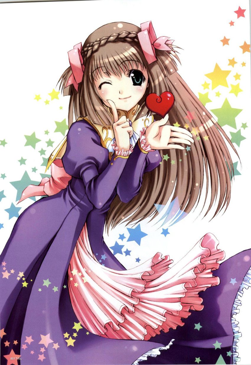 ascot bistro_cupid bistro_cupid_2 bow braid brown_hair celery_periwinkle crown_braid dress female frills green_eyes hairbow heart highres long_hair official_art one_eye_closed pandaki_(aki) pink_bow purple_dress rainbow_order scan smile solo star_(symbol) two_side_up white_ascot