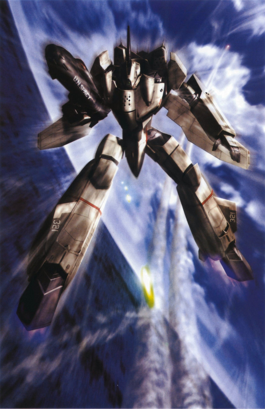 absurdres battle cloud flying gunpod highres macross macross_zero mecha motion_blur no_humans ocean official_art realistic robot scan science_fiction tenjin_hidetaka u.n._spacy variable_fighter vf-0 vf-0a wings