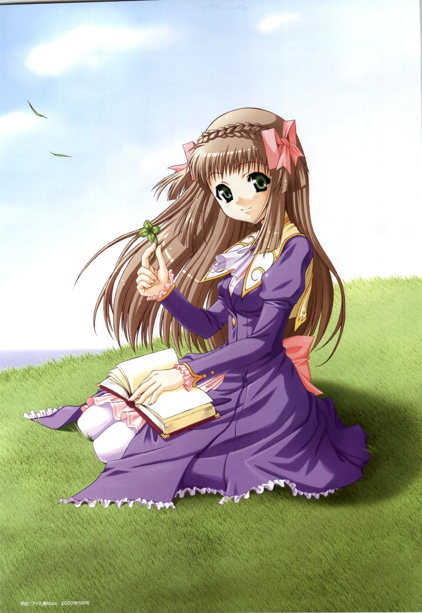 2003 bistro_cupid bistro_cupid_2 book bow braid brown_hair celery_periwinkle cloud clover crown_braid day dress female four-leaf_clover full_body grass green_eyes hairbow highres kneeling long_hair official_art pandaki_(aki) pantyhose pink_bow purple_dress scan sky smile solo two_side_up white_pantyhose