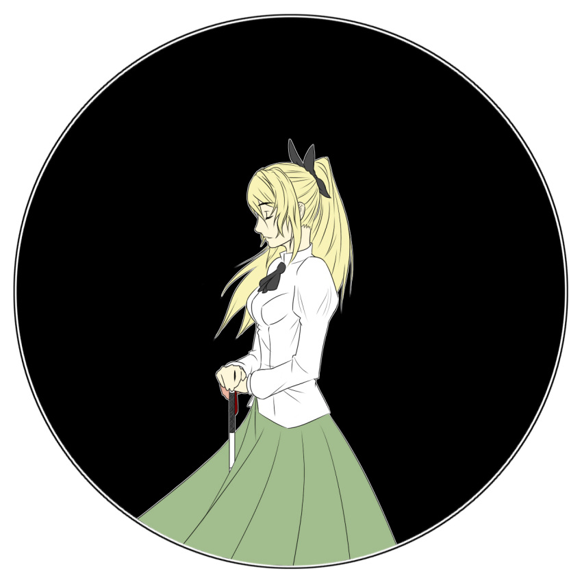 black_bow black_bowtie blind blonde_hair blouse blue_eyes bow bowtie cane circle closed_eyes drawfag female green_skirt highres juliet_sleeves katawa_shoujo long_hair long_sleeves photoshop_(medium) ponytail puffy_sleeves round_image satou_lilly school_uniform shirt skirt solo white_cane white_shirt wind yamaku_high_school_uniform