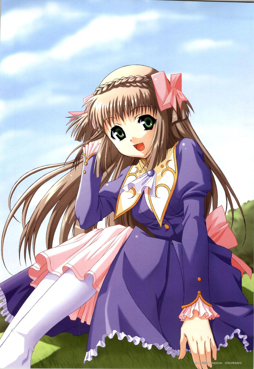 ascot bistro_cupid bistro_cupid_2 bow braid brown_hair celery_periwinkle crown_braid dated dress female green_eyes highres long_hair official_art pandaki_(aki) pantyhose pink_bow purple_dress scan sitting smile solo two_side_up white_ascot white_pantyhose