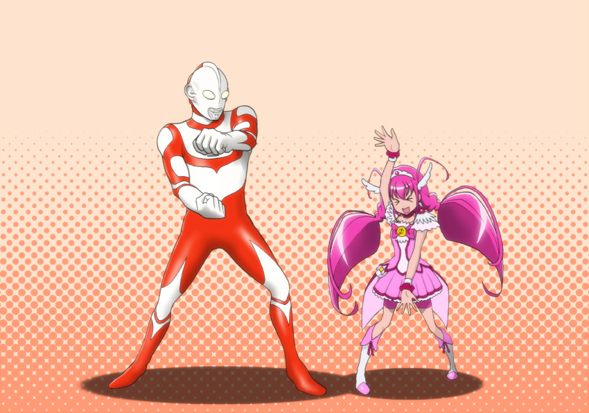 >_< 1boy :d closed_eyes commentary_request crossover cure_happy female halftone halftone_background height_difference hoshizora_miyuki kijinaka_mahiro magical_girl open_mouth photoshop_(medium) pink_hair precure smile smile_precure standing tiara twintails ultra_series ultraman:_towards_the_future ultraman_great xd