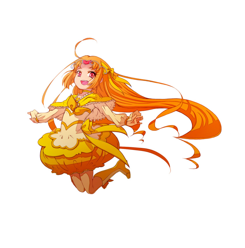 :d ahoge boots bow bubble_skirt choker circlet commentary_request cure_muse_(yellow) eyelashes female frills full_body hair_ribbon hantoumei_namako heart highres knee_boots long_hair magical_girl open_mouth orange_hair orange_skirt pink_eyes precure ribbon shirabe_ako skirt smile solo suite_precure white_background yellow_bow yellow_choker