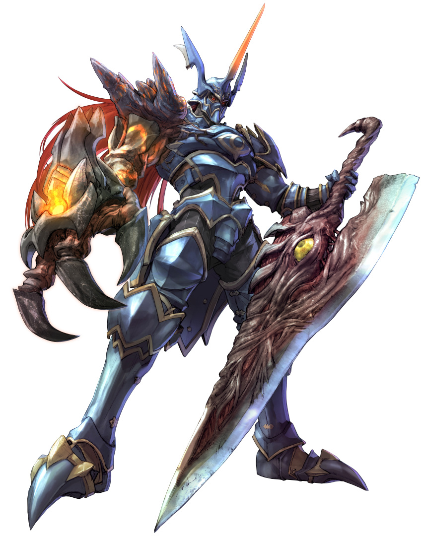 1boy absurdres armor eyeball helmet highres horns huge_weapon kawano_takuji left-handed nightmare_(soulcalibur) official_art photoshop_(medium) red_eyes red_hair simple_background soul_edge_(weapon) soulcalibur soulcalibur_v sword weapon white_background