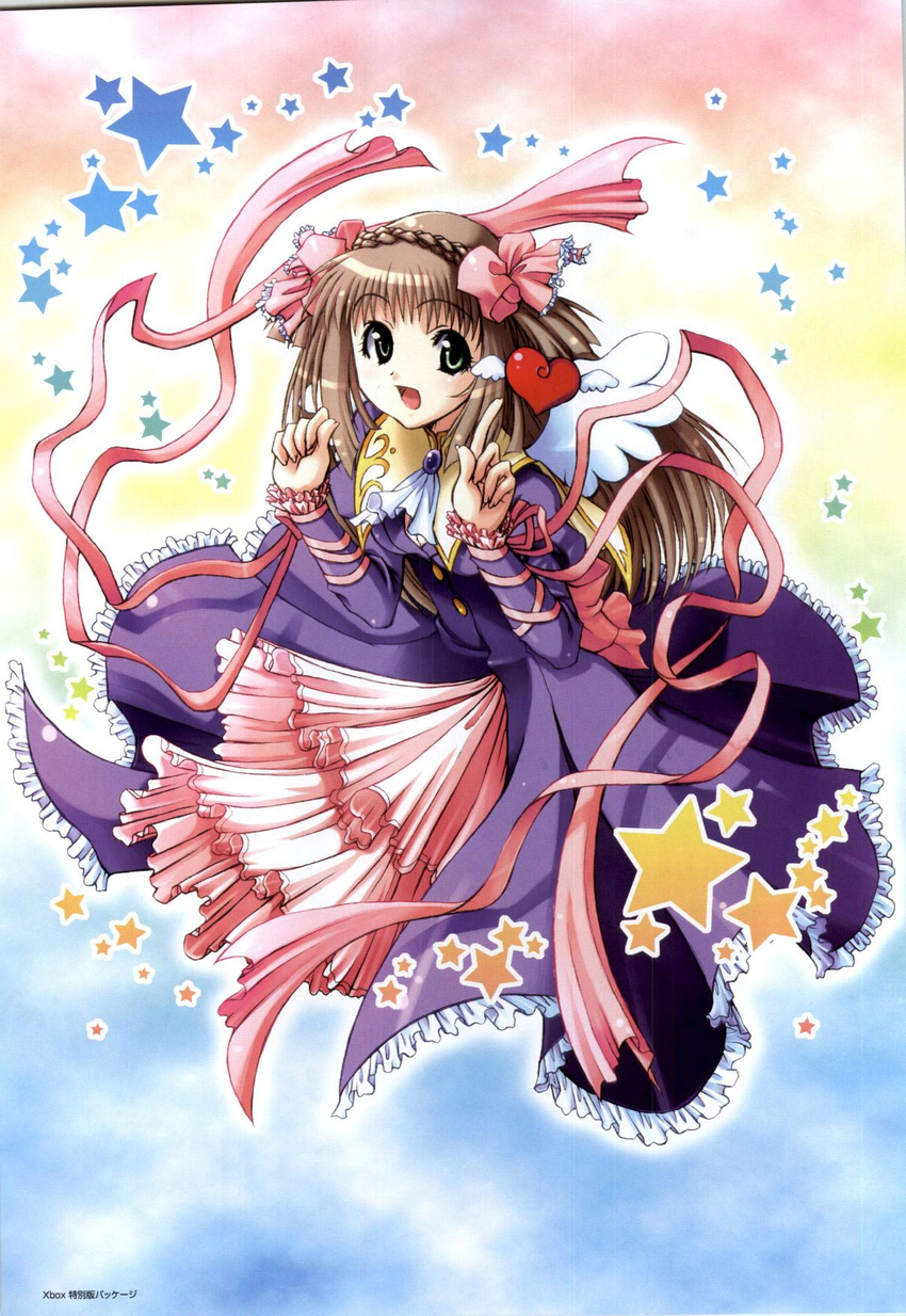 angel_wings bistro_cupid bistro_cupid_2 bow braid brown_hair celery_periwinkle crown_braid dress female full_body green_eyes happy heart highres long_hair looking_at_viewer necktie official_art open_mouth pandaki_(aki) pointing rainbow_background ribbon scan solo star_(symbol) wings