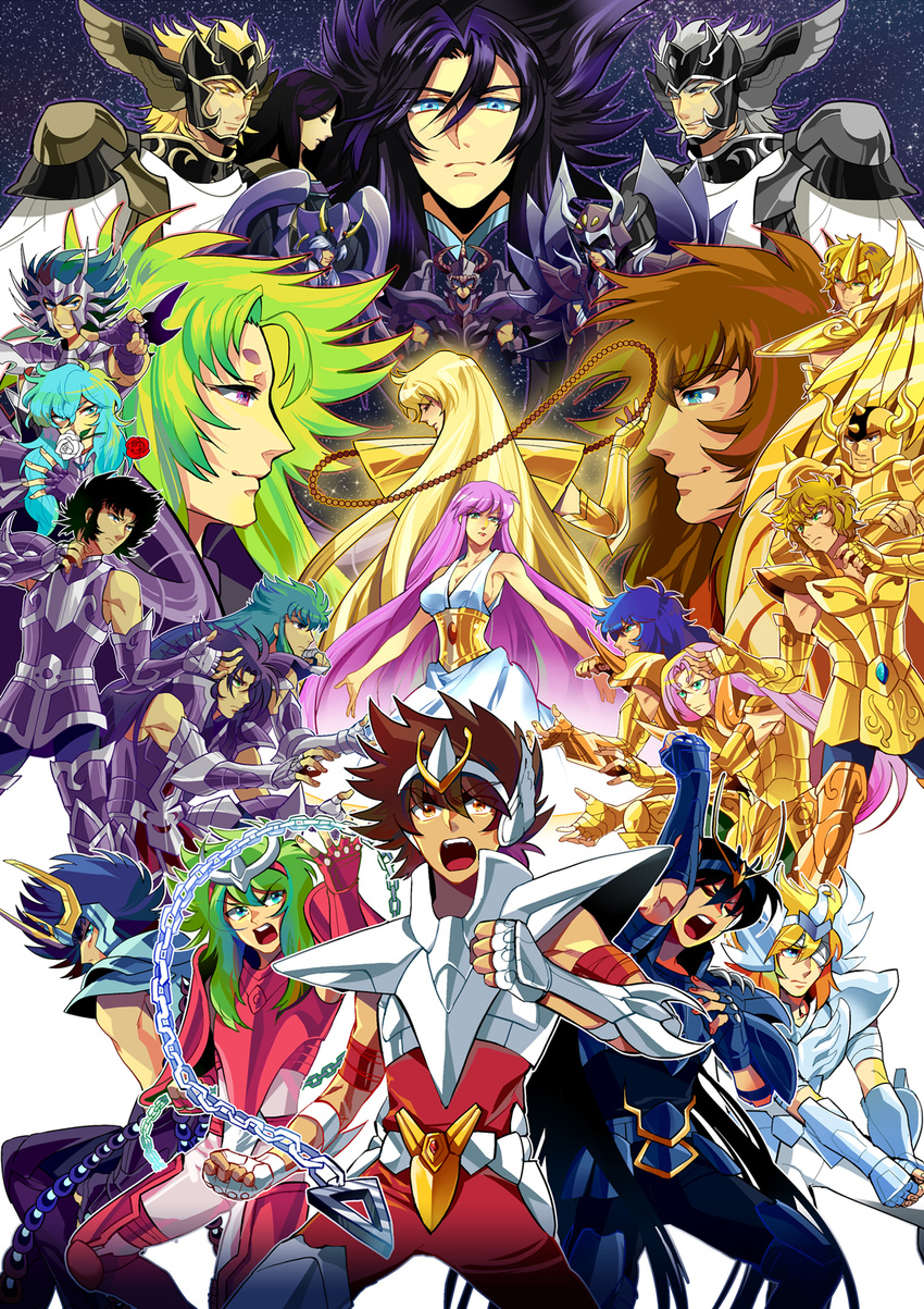 2girls 6+boys andromeda_shun aquarius_camus aries_muu aries_shion armor athena_(saint_seiya) cancer_death_mask capricorn_shura commentary_request cygnus_hyouga dragon_shiryuu everyone full_armor garuda_aiacos gemini_saga gold_armor gold_saint griffin_minos hades_(saint_seiya) highres hypnos_(saint_seiya) kido_saori kujou_reina leo_aiolia libra_douko long_hair multiple_boys multiple_girls pandora_(saint_seiya) pegasus_seiya phoenix_ikki photoshop_(medium) pisces_aphrodite sagittarius_aioros saint_seiya scorpio_milo short_hair taurus_aldebaran thanatos_(saint_seiya) virgo_shaka wyrven_rhadamanthys