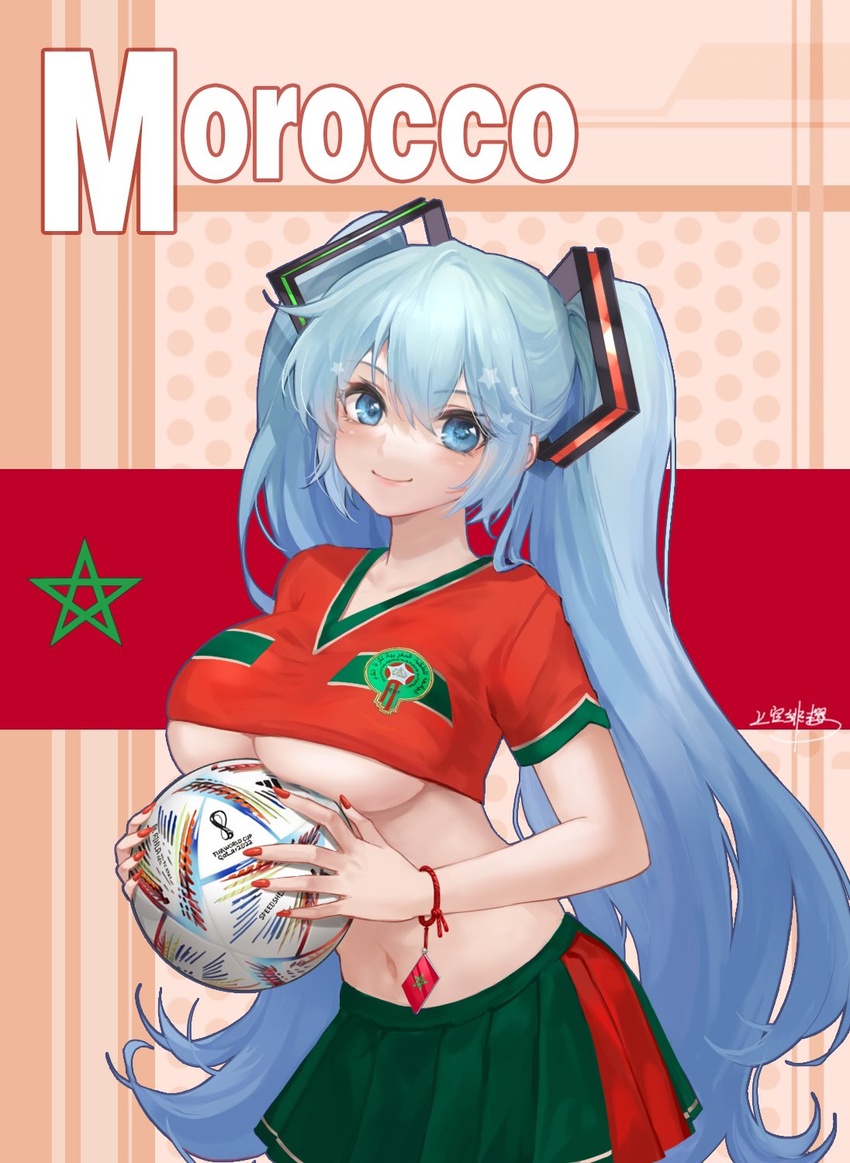 2022_fifa_world_cup al_rihla ball blue_eyes blue_hair breasts commentary crop_top female green_skirt hatsune_miku highres jokanhiyou large_breasts long_hair looking_at_viewer midriff moroccan_flag morocco multicolored_clothes multicolored_skirt navel pleated_skirt red_skirt skirt soccer soccer_ball soccer_uniform solo sportswear symbol-only_commentary twintails underboob very_long_hair vocaloid world_cup