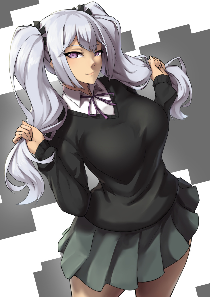 2021 black_sweater breasts commission d-frag! dutch_angle female grey_hair hand_in_own_hair hands_in_hair highres holding holding_own_hair large_breasts long_hair looking_at_viewer packge pleated_skirt sakai_tama school_uniform shirt skirt smile solo sweater twintails v-neck white_shirt