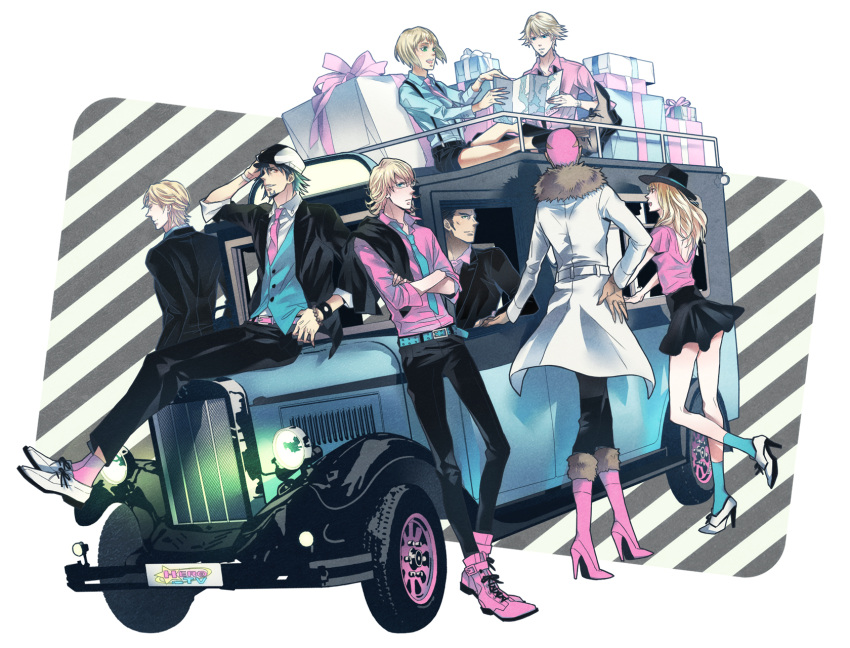 2girls 6+boys alternate_costume antonio_lopez barnaby_brooks_jr. belt blonde_hair brown_eyes brown_hair cabbie_hat car commentary_request facial_hair formal fur_collar gift glasses goatee green_eyes hat highres huang_baoling ivan_karelin kaburagi_t._kotetsu karina_lyle keith_goodman map motor_vehicle multiple_boys multiple_girls nathan_seymour necktie short_hair skirt smile studded_belt suit tiger_&_bunny vehicle_focus vest yasuhiro