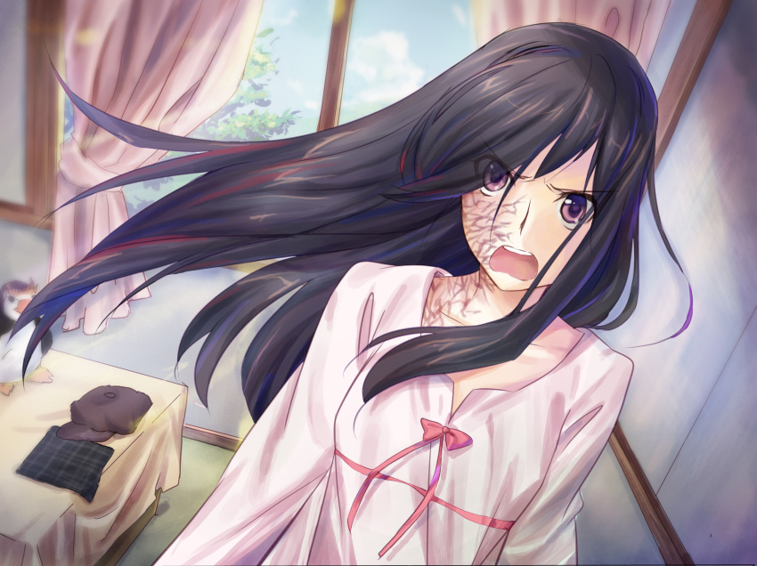 angry artist_request bad_end bed bedroom bird black_hair burn_scar curtains day doll female game_cg hair_over_one_eye highres ikezawa_hanako imageboard_desourced indoors katawa_shoujo long_hair non-web_source pajamas photoshop_(medium) purple_eyes scar solo spoilers stuffed_animal stuffed_penguin stuffed_toy window