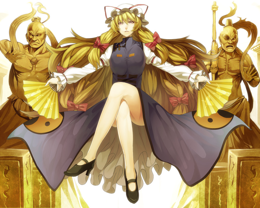 bare_legs blonde_hair bow commentary_request convenient_leg crossed_legs dress dual_wielding female folding_fan frills hand_fan hat high_heels highres holding holding_fan irohara_mitabi kongorikishi legs long_hair purple_eyes ribbon shoes sitting smile solo statue thighs touhou very_long_hair yakumo_yukari yellow_eyes yin_yang yin_yang_print