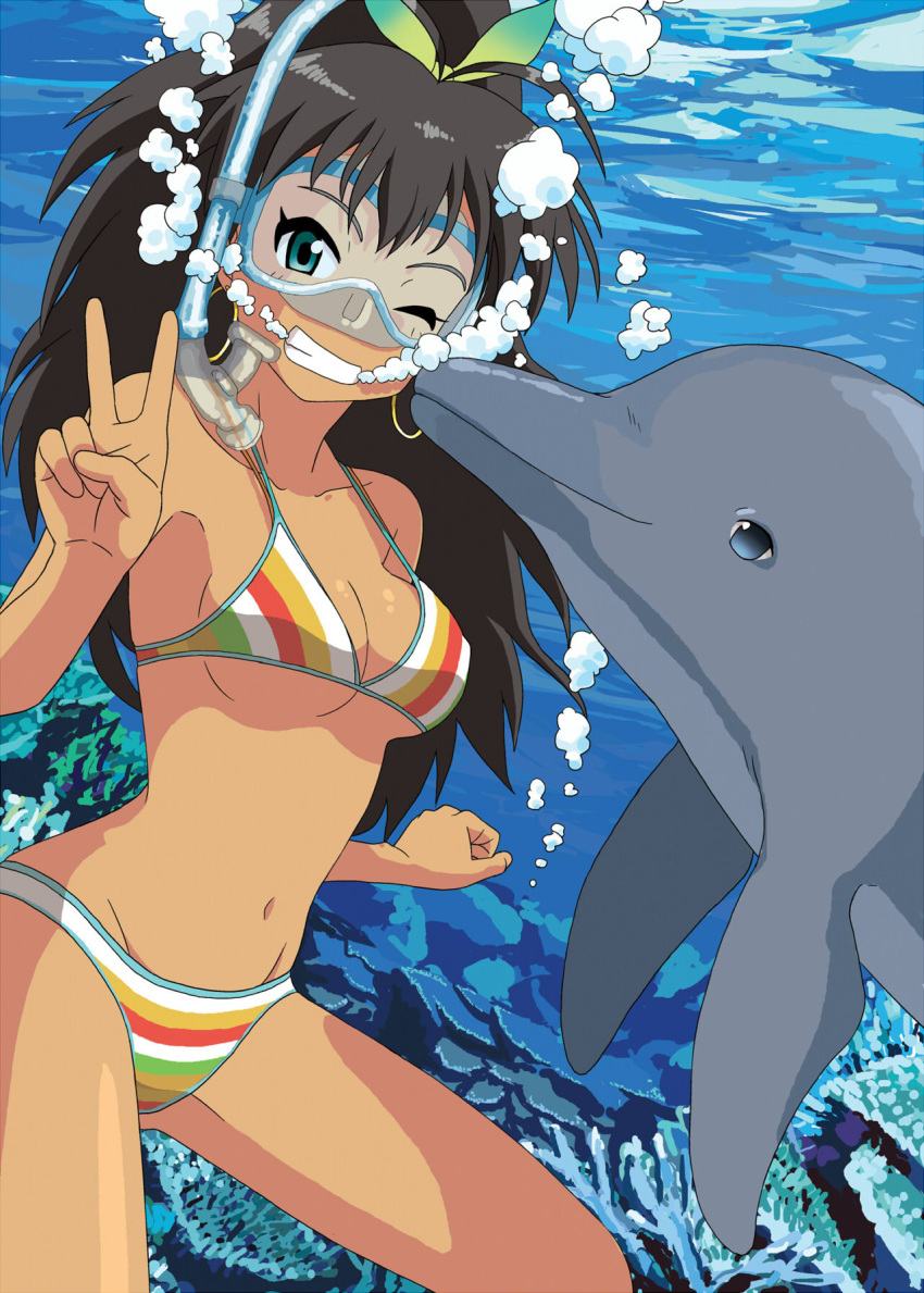 ;d air_bubble bad_link bikini black_hair blowing_bubbles bow breath bubble diving_mask dolphin earrings female freediving ganaha_hibiki goggles hairbow high_ponytail highres idolmaster idolmaster_(classic) jewelry kozou_(rifa) long_hair navel ocean one_eye_closed open_mouth ponytail smile snorkel solo strap_gap swimsuit tan underwater v