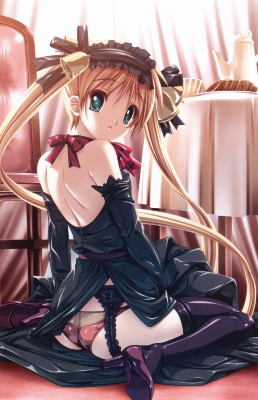 aqua_eyes backless_outfit bare_back blonde_hair chair cookie female food garter_belt hairband high_heels highres iizuka_miyuki kimi_no_koe_ga_kikoeru lolita_hairband senomoto_hisashi shoes sitting solo tea thighhighs