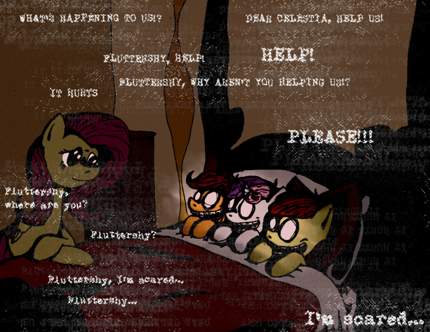 apple_bloom_(mlp) bed bedding bedroom blind cosmic_horror creepy creepypasta cutie_mark_crusaders_(mlp) di_fl dialogue disability earth_pony ellipsis empty_eyes english_text equid equine feathered_wings feathers female feral fluttershy_(mlp) friendship_is_magic fur furniture group hair hasbro hooves horn horse inside lovecraftian_(genre) mammal mind_rape multicolored_hair my_little_pony mythological_creature mythological_equine mythology nightmare_fuel on_bed orange_body orange_fur pegasus pink_hair pony purple_hair quadruped question red_hair scootaloo_(mlp) shadow sleepover sweetie_belle_(mlp) text two_tone_hair under_covers unicorn white_body white_ears white_fur white_horn wings yellow_body yellow_ears yellow_feathers yellow_fur young young_feral zalgo_(creepypasta)